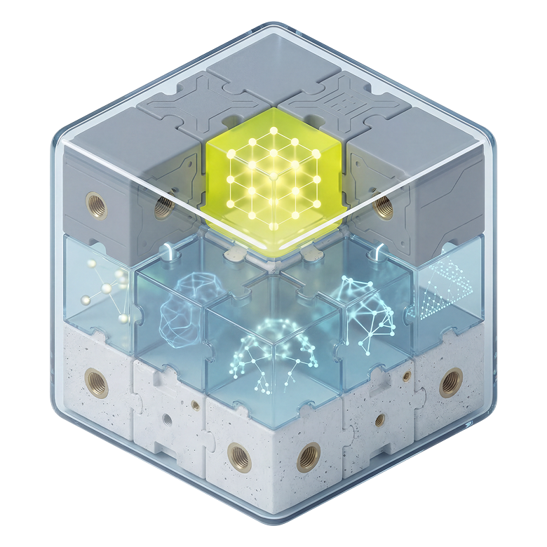 Glass box 3D render — transparent methodology visualization