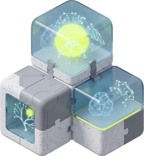 Quantumeon product ecosystem — glass 3D renders